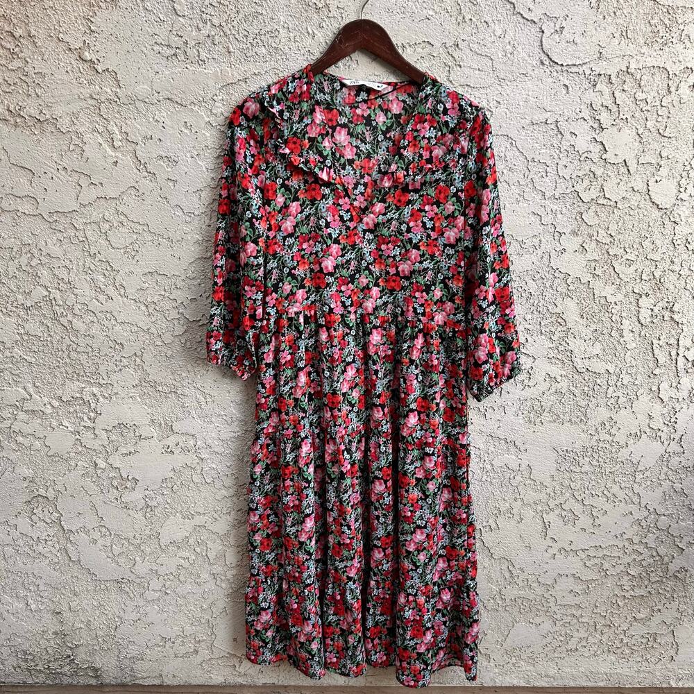 Zara Black Floral Ruffle Collar Tiered Midi Dress Women’s Small